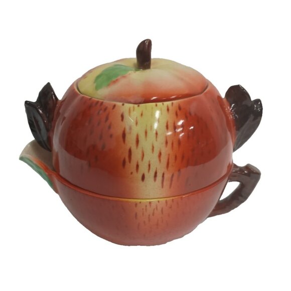 Vintage Maruhon Ware Ceramic Apple Teapot Shaped Cup Sugar Bowl Set Hand Painted - Picture 1 of 9